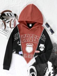 SHEIN Tween Girl Letter Graphic Asymmetrical Hem Hooded Sweatshirt - Black - View 1