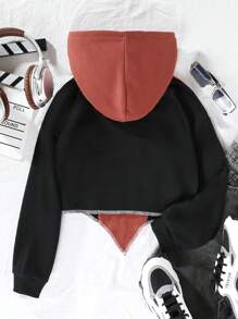 SHEIN Tween Girl Letter Graphic Asymmetrical Hem Hooded Sweatshirt - Black - View 2