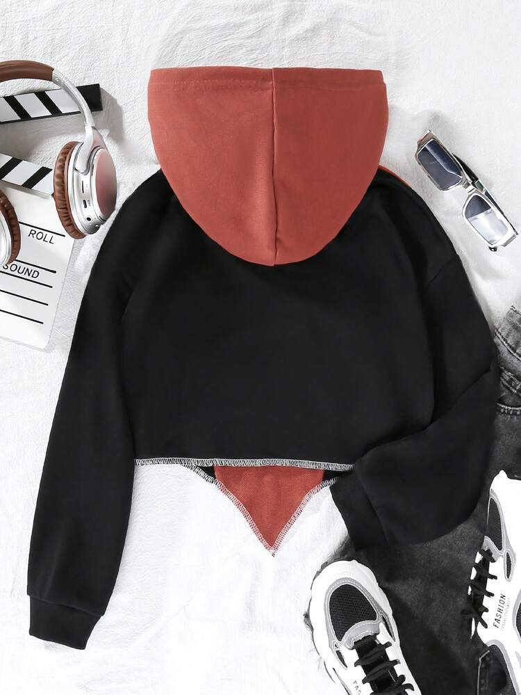 Tween Girl Letter Graphic Asymmetrical Hem Hooded Sweatshirt