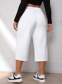 SHEIN EZwear Plus High Waist Raw Hem Straight Leg Jeans - White - View 5