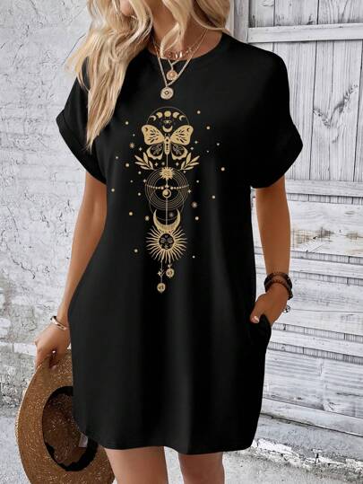 INAWLY Butterfly Print Batwing Sleeve Tee Dress