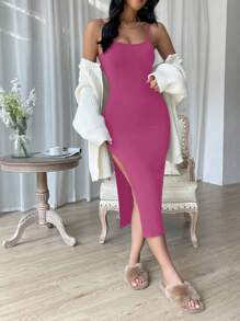 SHEIN Essnce 素色高衩吊帶連衣裙 - 中紫紅色 - 查看 1