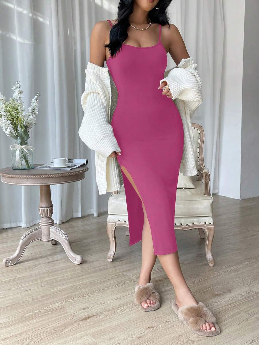 SHEIN Essnce Chất rắn Tách đùi Váy Dây - Màu đỏ tím - Xem 1