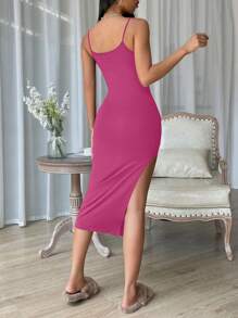 SHEIN Essnce 素色高衩吊帶連衣裙 - 中紫紅色 - 查看 2