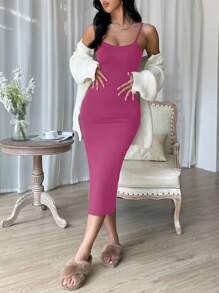 SHEIN Essnce 素色高衩吊帶連衣裙 - 中紫紅色 - 查看 5