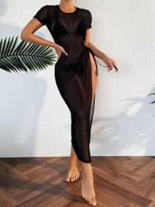 Swim SXY 開衩純色女士罩衫 - 黑色 - 查看 2