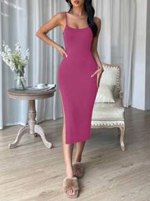 SHEIN Essnce 素色高衩吊帶連衣裙 - 中紫紅色 - 查看 6