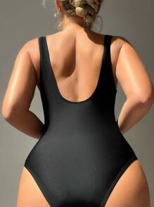 鏤空邊緣連體泳衣 - 黑色 - 查看 2