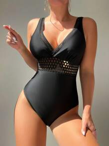 鏤空邊緣連體泳衣 - 黑色 - 查看 3