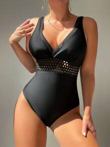 鏤空邊緣連體泳衣 - 黑色 - 查看 5