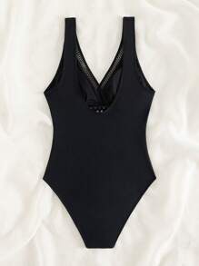 鏤空邊緣連體泳衣 - 黑色 - 查看 6
