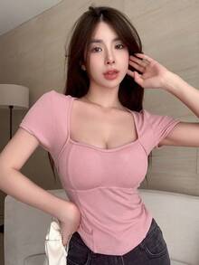 DAZY Solid Sweetheart Neck Curved Hem Tee - Pink - View 5