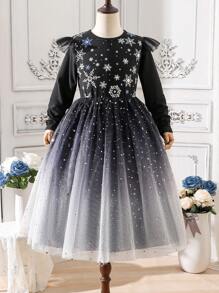 SHEIN 女孩時尚網紗雪花針織裙