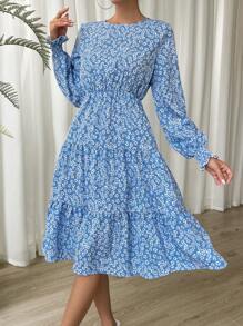 SHEIN Essnce 碎花荷葉邊洋裝 - 藍色 - 查看 5