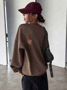 DAZY Heart Cut Out Drop Shoulder Sweatshirt - Khaki - View 1
