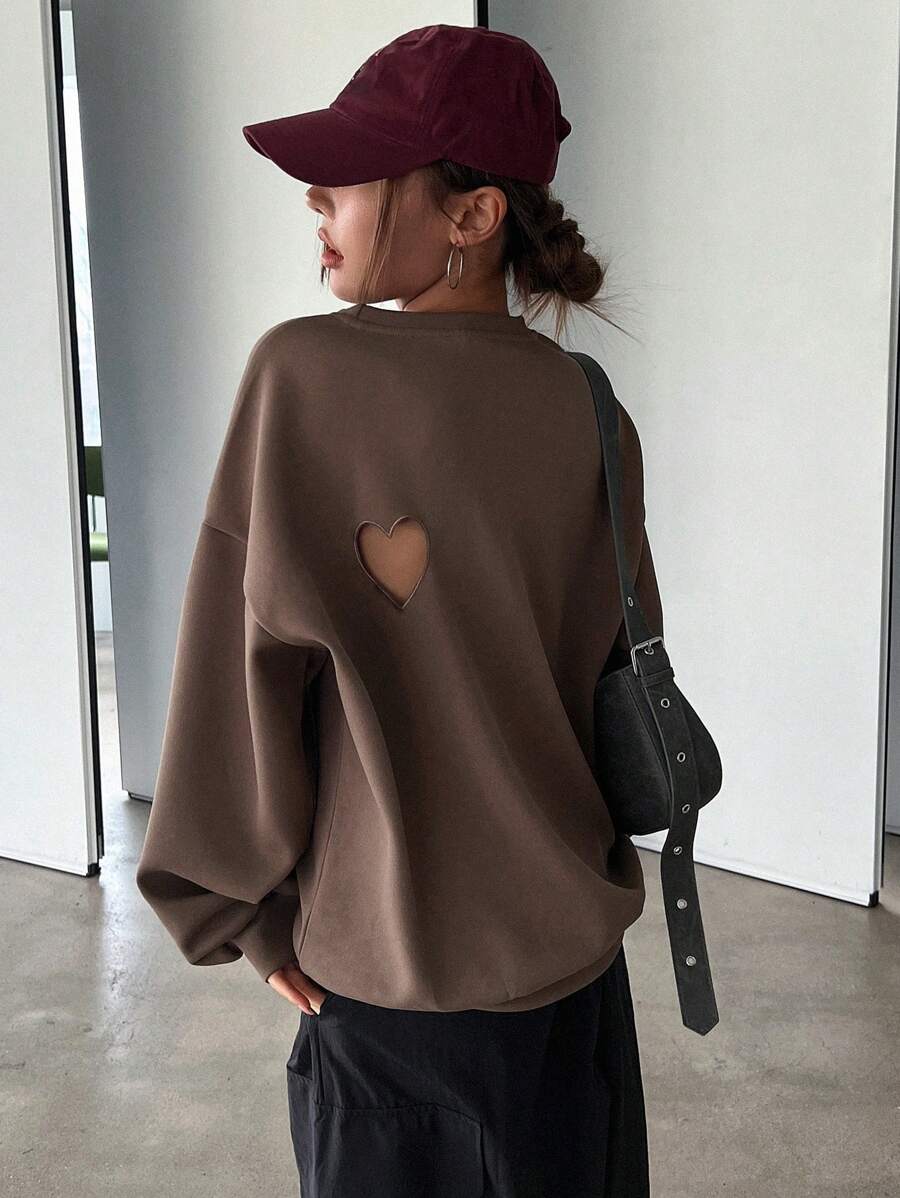 DAZY Heart Cut Out Drop Shoulder Sweatshirt - Khaki - View 1