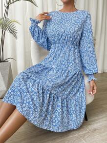 SHEIN Essnce 碎花荷葉邊洋裝 - 藍色 - 查看 6