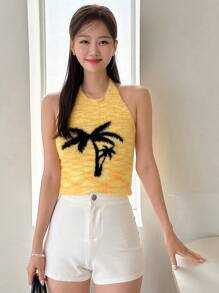 DAZY 椰子樹圖案吊脖針織上衣 - 黃色 - 查看 7