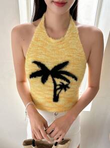 DAZY 椰子樹圖案吊脖針織上衣 - 黃色 - 查看 8