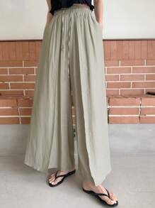 DAZY Chất rắn Túi nghiêng Quần ống rộng - Màu Khaki - Xem 2