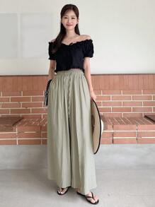 DAZY Chất rắn Túi nghiêng Quần ống rộng - Màu Khaki - Xem 5