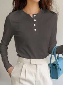 DAZY Camiseta de punto acanalado con botones a la mitad, ropa de otoño