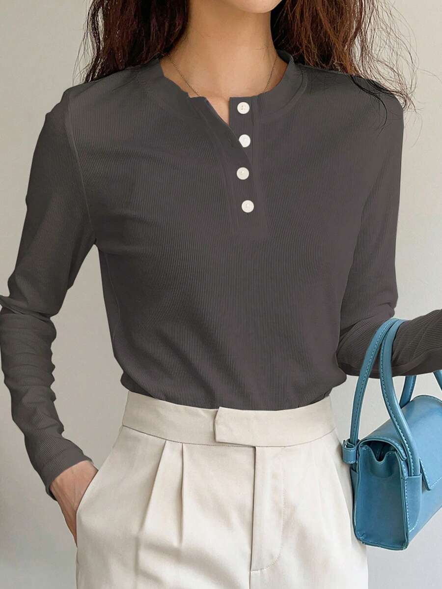DAZY Camiseta de punto acanalado con botones a la mitad, ropa de otoño