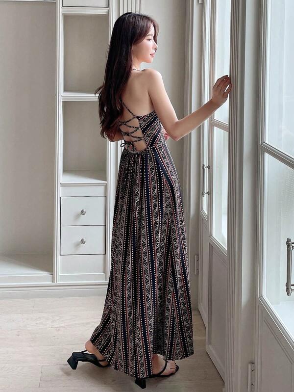 DAZY Allover Print Lace Up Backless Cami Dress Festival Boho Sundress