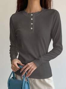 DAZY Camiseta de punto acanalado con botones a la mitad, ropa de otoño
