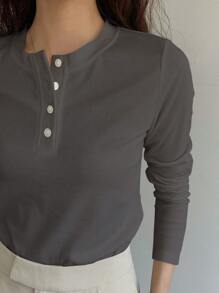 DAZY Camiseta de punto acanalado con botones a la mitad, ropa de otoño