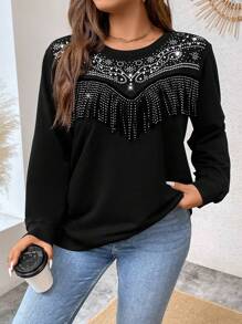 Celure Plus Rhinestone Pearls Beaded Sweatshirt - Black - View 1