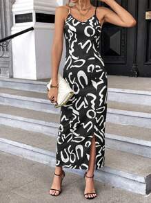 SHEIN Privé 優雅高衩全身印花女士連衣裙 - 黑與白 - 查看 3