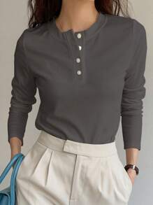 DAZY Camiseta de punto acanalado con botones a la mitad, ropa de otoño