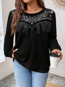 Celure Plus Rhinestone Pearls Beaded Sweatshirt - Black - View 3