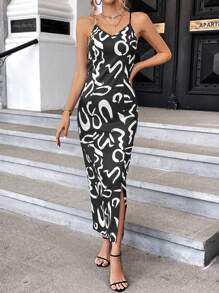 SHEIN Privé 優雅高衩全身印花女士連衣裙 - 黑與白 - 查看 6