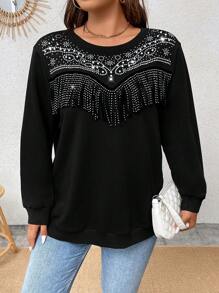 Celure Plus Rhinestone Pearls Beaded Sweatshirt - Black - View 4