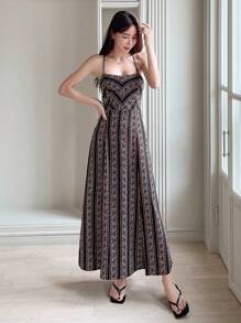 DAZY 全身印花系带露背吊带连衣裙 节日波西米亚风吊带裙 度假装扮 女装 - 黑色 - 查看 7