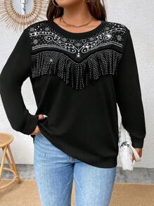 Celure Plus Rhinestone Pearls Beaded Sweatshirt - Black - View 5