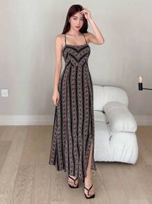 DAZY 全身印花系带露背吊带连衣裙 节日波西米亚风吊带裙 度假装扮 女装 - 黑色 - 查看 8