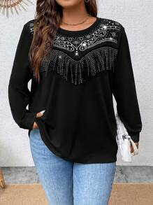 Celure Plus Rhinestone Pearls Beaded Sweatshirt - Black - View 6