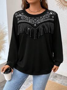 Celure Plus Rhinestone Pearls Beaded Sweatshirt - Black - View 7