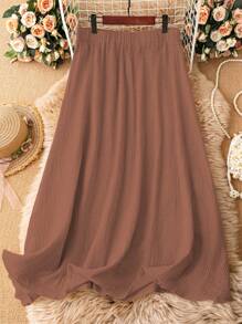 SHEIN Holidaya 大碼素色彈性腰帶喇叭半身裙 - 棕色 - 查看 1