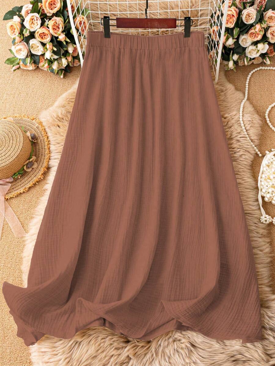 SHEIN Holidaya 大碼素色彈性腰帶喇叭半身裙 - 棕色 - 查看 1