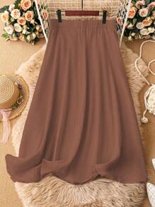 SHEIN Holidaya 大碼素色彈性腰帶喇叭半身裙 - 棕色 - 查看 2