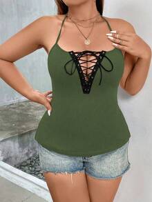 SHEIN Allurite 大碼前繫帶掛脖上衣 - 軍綠色 - 查看 2