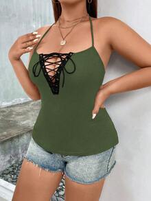 SHEIN Allurite 大碼前繫帶掛脖上衣 - 軍綠色 - 查看 3