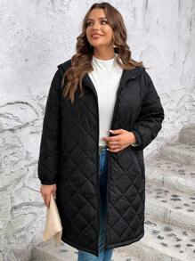 SHEIN LUNE 大碼拉鏈開襟連帽絎縫外套 - 黑色 - 查看 2