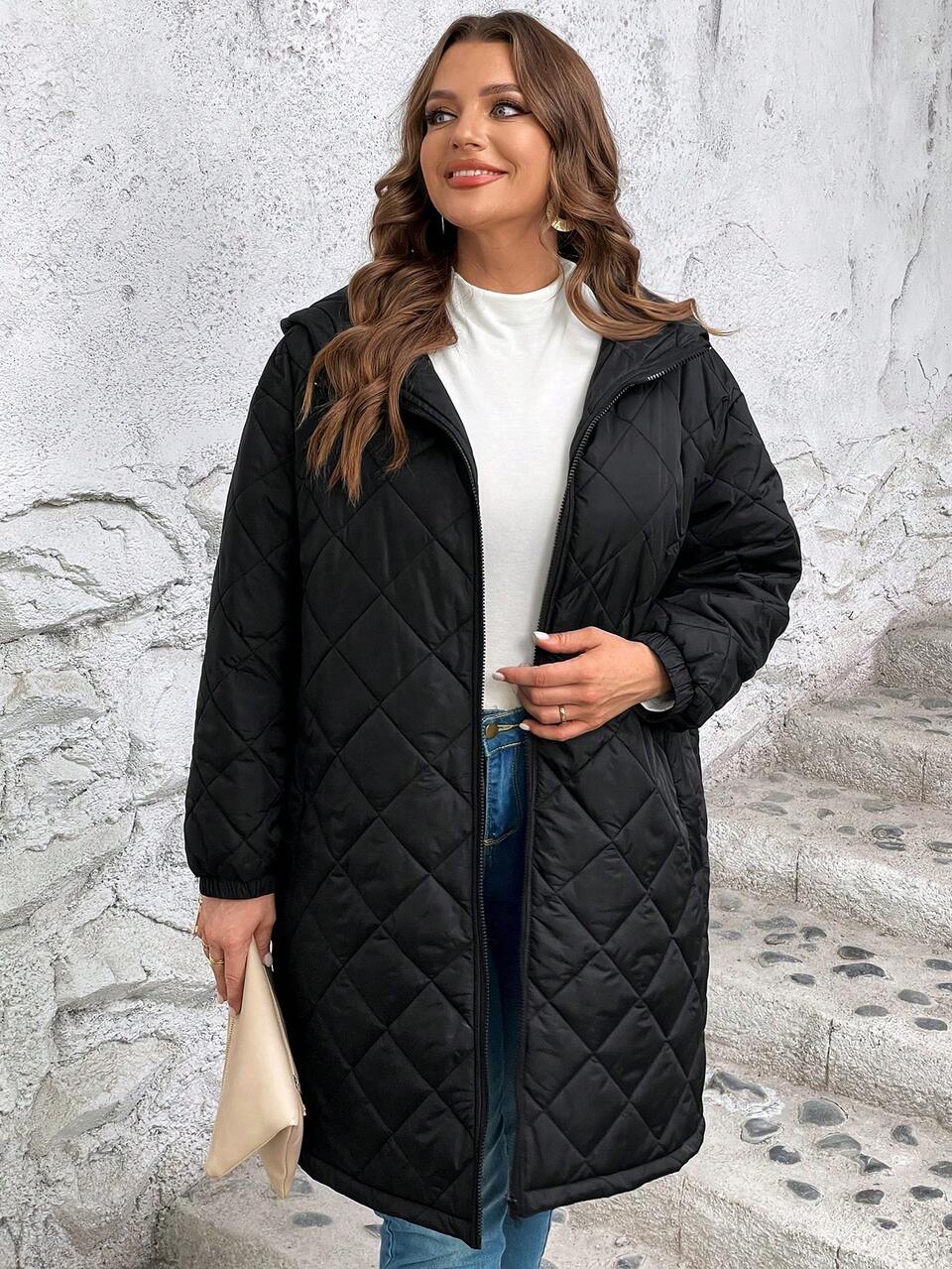 Plus Zip Up Hooded Quilted Coat Winter Fall Autumn