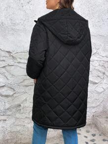 SHEIN LUNE 大碼拉鏈開襟連帽絎縫外套 - 黑色 - 查看 3