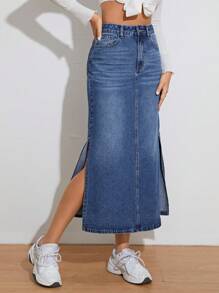 SHEIN Privé Falda en mezclilla de muslo con abertura - Azul lavado medio - Ver 2